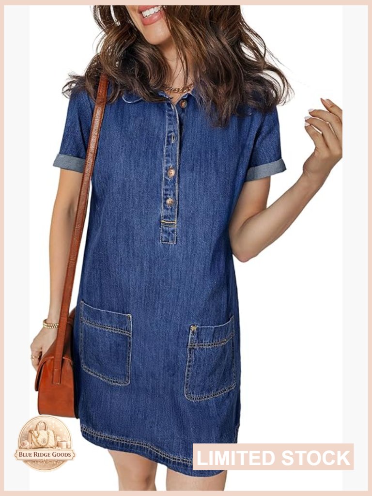 Denim Button Down Shirt Dress Casual A-Line Summer Mini Above Knee